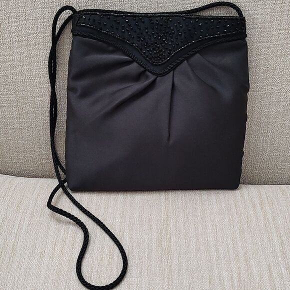 Black Satin Pleated Evening Shoulder Bag with Bead Detail - Picture 1 of 10